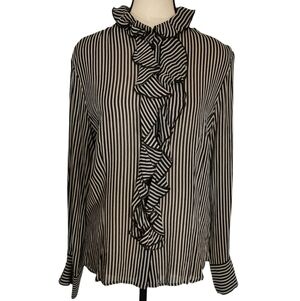 Frank Walder Ruffled High Neck Black/White Striped Blouse Sz M/L Open To Offers